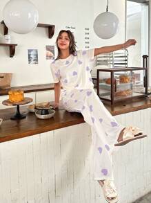SHEIN 2pcs/Set Teen Girl Heart Print Short Sleeve T-Shirt & Straight Leg Loose Casual Pajamas Set