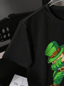 SHEIN Boys Cartoon Character Print St.Patrick's Day Casual Cute Short Sleeve T-Shirt - Black - View 3