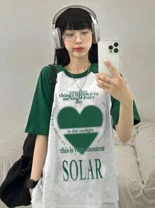 DAZY 女式拼色印花圆领宽松T恤夏季图案T恤 - 墨綠色 - 查看 2