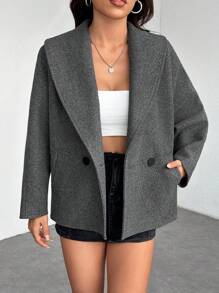 SHEIN PETITE Abrigo elegante de mezcla de lana gris, cálido para otoño e invierno, nuevo lanzamiento