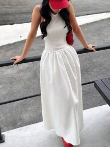 SHEIN Teen Girl Minimalist Sleeveless White Tank Dress, Cinched Waist French Design Long Dress, Suitable For Various Occasions Like Casual Outings, Campus Life And Gatherings, Showing Different Stylish Charm