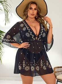 SHEIN Swim Curve Top caftan ample d'été pour femmes grandes tailles, imprimé placé, coupe décontractée - Noir et Blanc - Voir 5