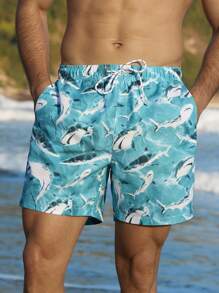 Manfinity Swimmode Men's Shark Print Drawstring Waist Beach Shorts Men Swim Trunks - Blue - View 5