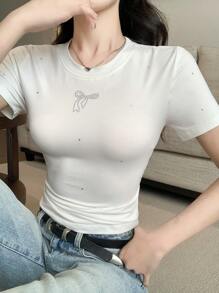 DAZY Women/Girls Casual Round Neck Plain Rhinestone Decor Short Sleeve T-Shirt