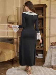 Women Contrast Lace Nightgown, Minimalist And Fashionable For Casual Daily Wear, Fall, Winter