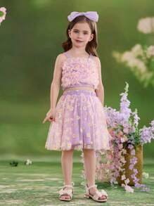 SHEIN Kleine Mädchen 2 Stücke Set aus Chiffon Crop Trägerhemd mit Ditsy Blumenmuster und Mini Rock, Lässig - Violett - Übersicht 4