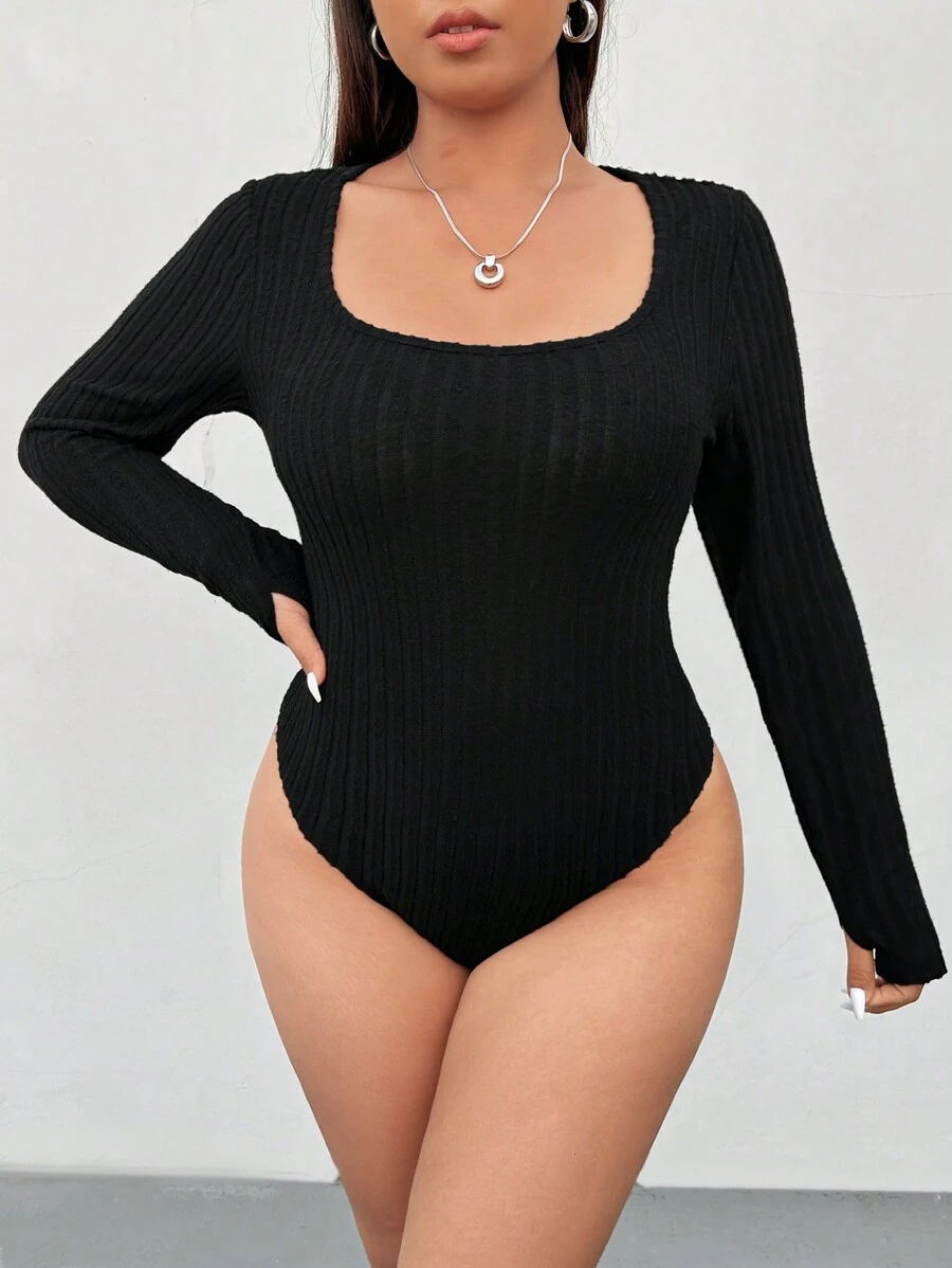 SHEIN EZwear 2pcs Black & Gray Plus Size Crew Neck Long Sleeve Bodysuit Set