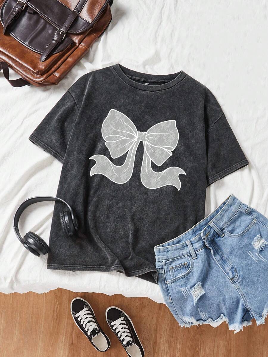 SHEIN EZwear Plus Size Bow Knit Loose Short Sleeve T-Shirt For Summer - Black - View 1
