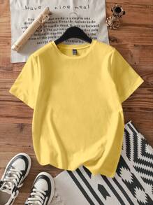 SHEIN EZwear 休闲宽松卡通动物图案圆领短袖女式T恤，适合夏季 - 黃色 - 查看 5