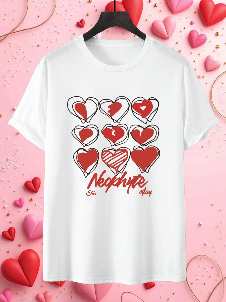 Manfinity Hypemode 男士情人节情侣T恤白色短袖心形设计情人节庆祝T恤男友礼物 - 白色 - 查看 1