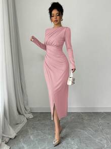 Elenzga Vestido Mídi Elegante de Trabalho e Transporte Feminino, Cor Sólida, Decote Redondo, Gola Dobrada, Manga Longa, Modelo Ajustado, Primavera/Outono/Inverno - Rosa chiclete - Visão 6