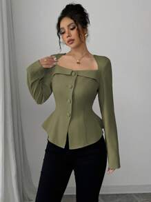 Elenzga Women's French Elegant Olive Green Blouse,Fall Winter Office Commute Square Trapeze Collar Front Button Waistline A-Line Long Sleeve Fall Cloth - Army Green - View 5