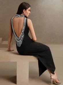 Anewsta Goddess Luxury Stand Collar Sleeveless Rhinestone Embellished Bodycon Maxi Backless Dress, Modesty Clothes For Women - Black - View 2