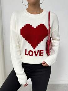 Chiquease Women's Casual Crew Neck Heart Print Pullover Sweater, Valentine's Day Knit Pullover Fall Winter Sweater