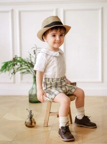 Souflis Souflis Set de 2 piezas para niños: Camisa de manga corta con cuello + Pantalones cortos a cuadros de cintura elástica, conjunto casual y versátil para uso al aire libre - Multicolor - Ver 8