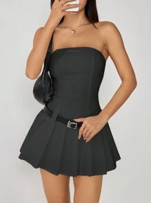 SHEIN PETITE Solid Tube Pleated Hem Belted Tube Short Summer Dress - Dark Grey - View 6