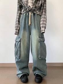 DAZY Women's Loose Wide Leg Casual Cargo Jeans,Baggy Jeans Fall,Winter - Dark Wash - View 3