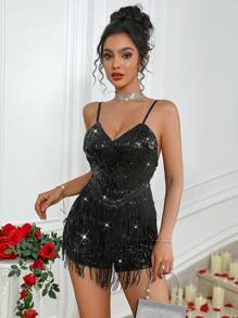 Zolique Layered Fringe Trim Sequin Cami Romper For Holiday Party Clothes - Black - View 7