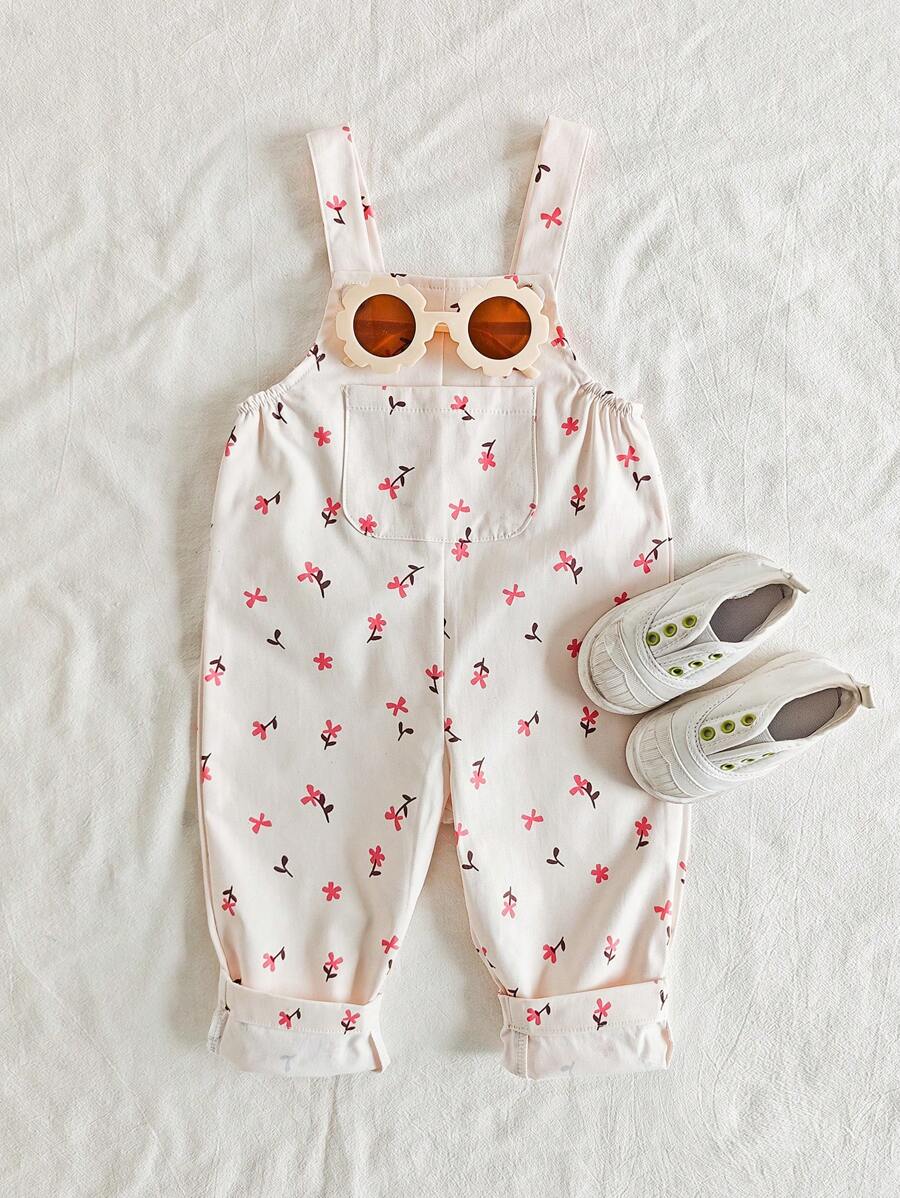 SHEIN Vintaside Kids Baby Girl 0-3Y Ditsy Floral Strappy Jumpsuit, All-Match Versatile Daily Wear, Spring Summer - Apricot - View 1