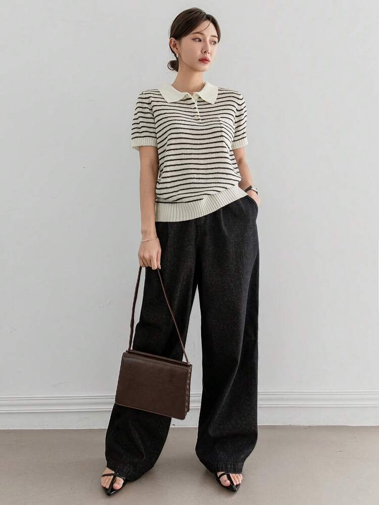 Women's Business Casual Stripe Color Block Patchwork Short Sleeve Collared Knitted Top, Teacher