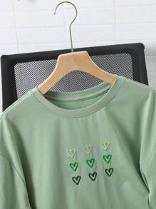 SHEIN Teen Girl Gray Green Heart Embroidery Sweet,Round Neck Short Sleeve Letter Print Casual T-Shirt,Oversize