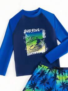 Tween Boys' Letter Print Raglan Sleeve Long Sleeve Rash Guard Top And Swim Trunks Set - Multicolor - View 4