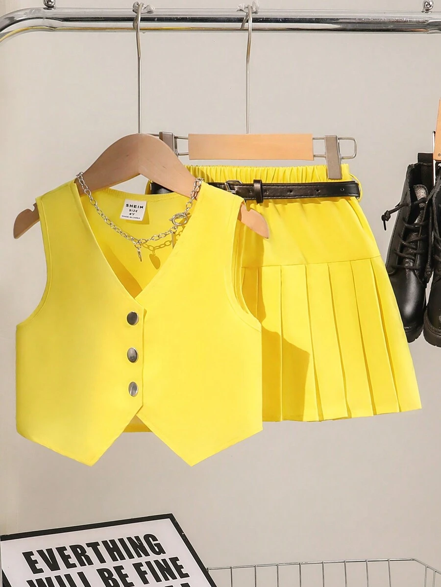 SHEIN Elladie kids 年轻女孩休闲纽扣领口上衣和褶皱 A 字裙套装 - 黃色 - 查看 1