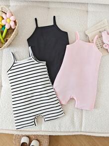 SHEIN 3pcs/Set Infant Baby Girl Casual Versatile Soft & Gentle Jumpsuit, White, Pink, Striped Suspender 3 Outfit Sets, High Cost Performance, Suitable For Home Or Outing In Spring And Summer - Black and White - View 7