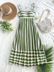 Soleia Western Wear Women,Summer Dresses For Women,Vacation Outfits Woman,Bohemian,Rave Outfit Festival,Concert Outfit Women,Easter Dress Women,Women's Summer Striped Print Backstrap Bow Tied Waist Flare A-Line Long Strap Dress, Tropical Country Style - Multicolor - View 3