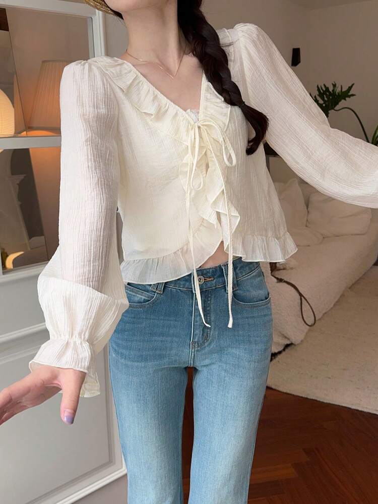 Women Casual Ruffle Detail Long Sleeve Blouse Summer,Fall Clothes