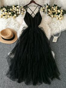 DreamSkyne Exquisite & Elegant  Plus Size Black Mesh Ruffle Dress, Elegant Criss-Cross Cami Dress For Special Occasions, Wedding Guest