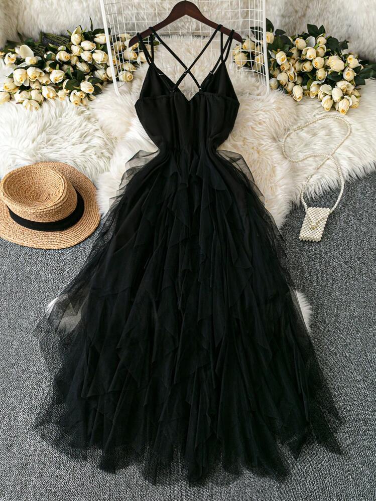 Rometta Vestido largo negro para mujer, vestido de gala formal con cuello en V, combinación de malla y punto de camisa con cintura alta, estilo elegante, tallas grandes - Negro - Añade 2