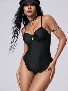 ROMWE Goth Women's Cross Pendant Ruffle Trim One-Piece Swimsuit, For Summer Beach Vacation
