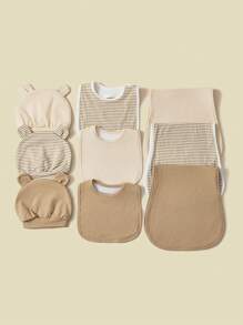9pcs/Set Infant Burp Cloths, Bibs & Hats, Soft Breathable Striped Neutral Style, Newborn Gift