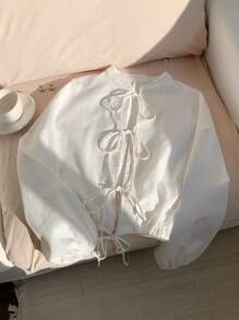SHEIN EZwear Casual effen damesoverhemd met lantaarnmouwen en strik aan de voorkant voor de herfst