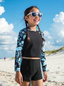 SHEIN Leap Crew Tween Girl Random Printed Splice Design Contrast Splice Insert Sleeve Tight Swimwear 2 Pieces Set, Suitable For Summer/Beach - Black - View 6
