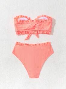 女士纯色荷叶边抹胸性感比基尼套装，适合夏季海滩穿着 - 橘色 - 查看 7