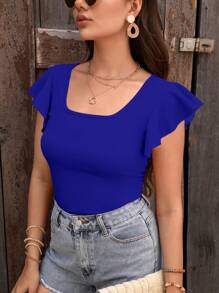 SHEIN Privé Vacation Casual Solid Color Cap Sleeve Square Neck T-Shirt - Royal Blue - View 3