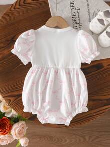Souflis Souflis Baby Girls Summer Simple Pink Butterfly Pattern Puff Sleeve Adorable Gather Ruffle Hem Casual Outing Essential