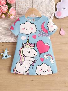 SHEIN Baby Girl Cute Cartoon Print Short Sleeve Mid-Length Casual Nightgown, Summer - Blue - View 1
