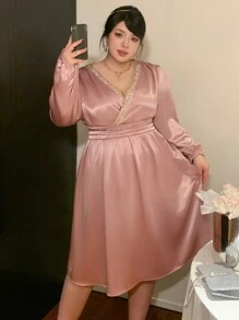 Dazy Plus Farbblock V-Ausschnitt Midi-Länge Partykleid in Große Größen, Frühling/Sommer/Herbst Langarm Kleid Hochzeit Damen Kleider Abendkleid Elegante Damenkleider