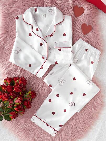 Alla hjärtans dag Alla hjärtans kläder Alla hjärtans dekorationer Pyjamasset för tonårsflickor, olivgrönt satintyg med rosa blommönster Långbyxor och långärmad topp