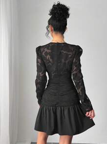 Chiquease Damen V-Ausschnitt Langarm Mini Kleid, lässig und stilvoll für den täglichen Gebrauch - Schwarz - Übersicht 2