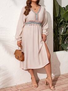 SHEIN LUNE Plus Size Long Sleeve Casual Retro Printed Waist Tassel Dress Sundress Linen Fabric - Beige - View 5
