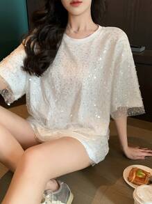 DAZY Women Shiny Mesh Short Sleeve Beaded T-Shirt With 2 In 1 Design, Sequin New Years T-Shirt Carnival - White - View 5