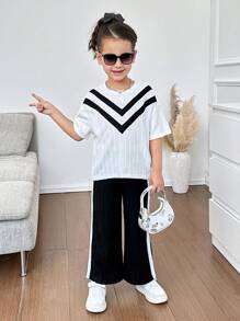 2pcs/Set Young Girls Solid Knit Round Neck Fitted T-Shirt + Loose Knit Wide-Leg Pants