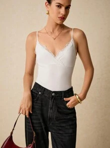 Poéselle Women's Solid Color Contrast Lace Casual Bodysuit With Spaghetti Straps