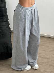Lunelith SHEIN Lunessa Elastic Waist Drawstring Wide Leg Comfortable Sweatpants With Pleated Cuffs