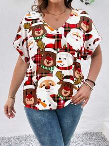 SHEIN Essnce 大码女式圣诞休闲简约圣诞老人和雪人图案宽松 V 领短袖 T 恤，圣诞节假期上衣 - 彩色 - 查看 3