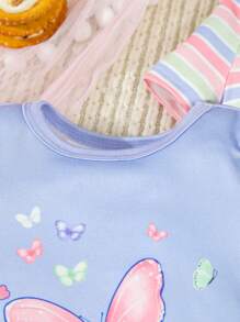 4 件套女婴可爱蝴蝶和字母印花彩色条纹短袖上衣和短裤紧身睡衣 - 彩色 - 查看 4